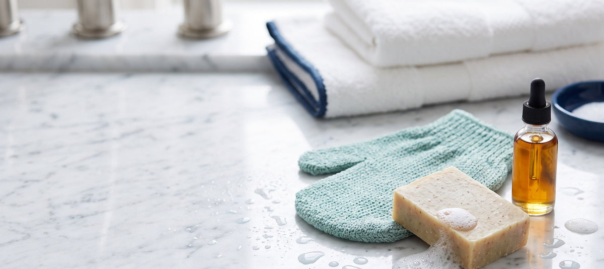 Complete Korean bath ritual set with exfoliating mitt, soap, and oil alongside folded towels