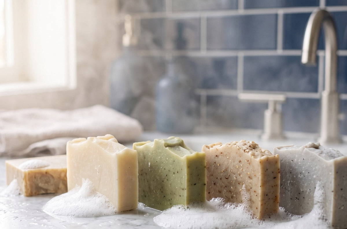 Row of traditional Korean fermented soap bars with natural textures and colors
