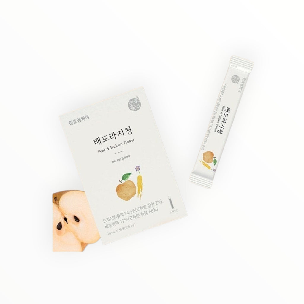 SOLENAH Korean Wellness Pear & Balloon Flower daily syrup, 30 x 10 ml stick packs with Korean pear and bellflower root extract.