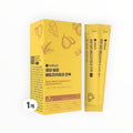 SOLENAH Korean Wellness Pear and Bellflower Root Quince Extract stick packs and box. Natural yellow packaging with illustrations of pears and ginger.
